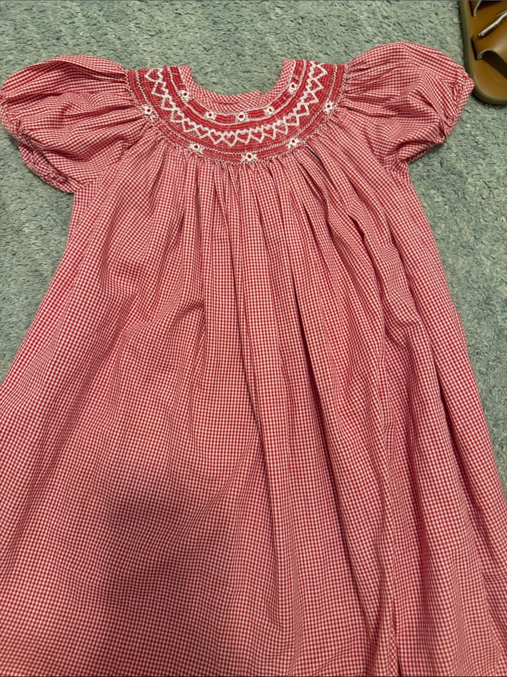 Girls Red Gingham Puff-Sleeve Smocked Dress